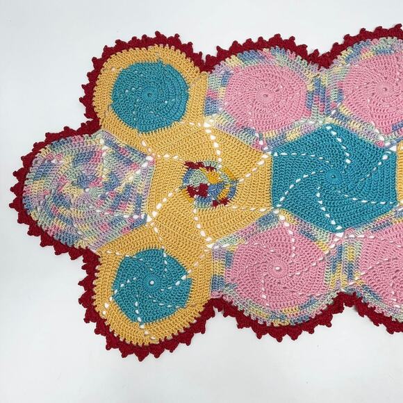 Vintage Handmade Crocheted Pink Yellow Robins Egg Blue Red Doily - Picture 2 of 5